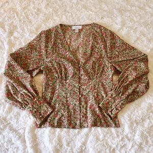 Topshop Green & Red Floral Print Button Up Long Sleeve V-Neck Blouse - Size 4